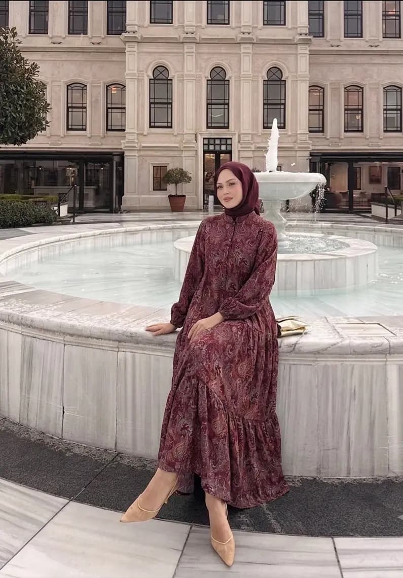Bordo Etnik Model Elbise